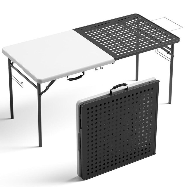 MAKE CHANGES 5ft Folding Table for Picnic Camping, Portable Outdoor Table with Metal Grid Grilling Surface, Heavy Duty Foldable Table for Cook Prep,Suitable for Camping, Backyard, Patio and Beach