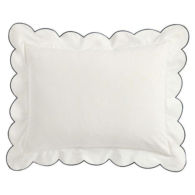 Scalloped Embroidered Sham, White/Navy, Standard