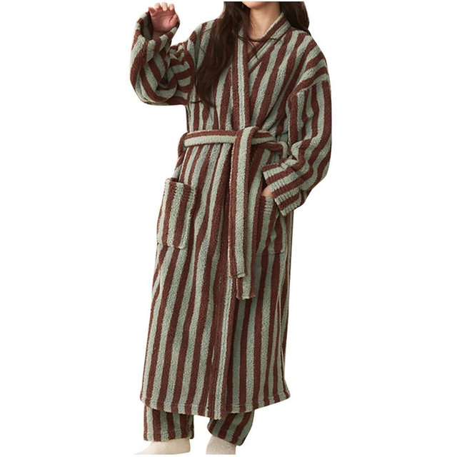 HGps8w Womens Striped Plush Fleece Robe, Cozy Warm Shower Bathrobe Fuzzy Female Spa Robe With Pockets & Belt