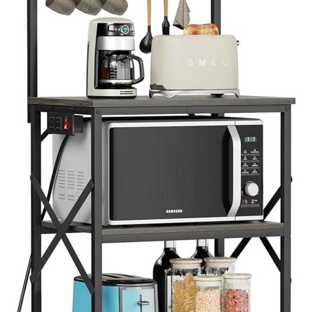 Furologee Kitchen Bakers Rack with Power Outlet, Coffee Bar Station with Storage 4 Tiers, Microwave Oven Stand with 6 S Hooks, Kitchen Storage Shelves Rack for Spices, Pots, Black Oak