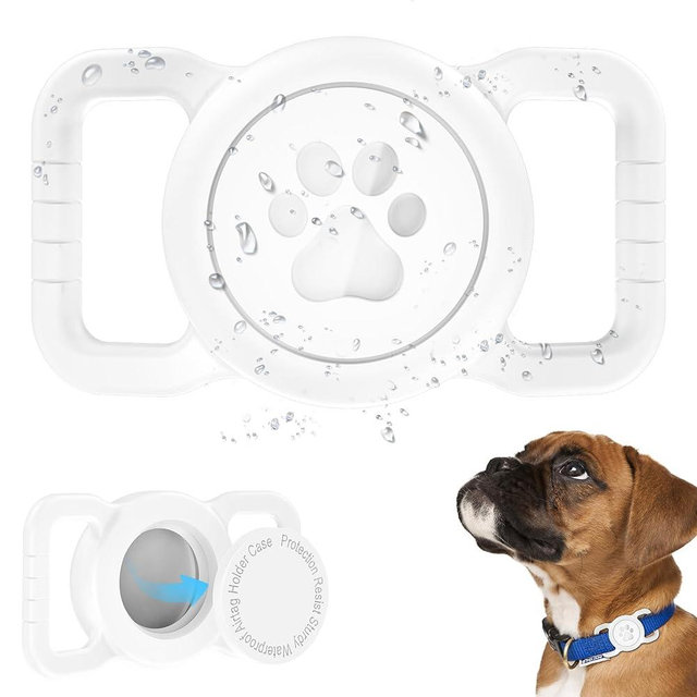 SANKALA Airtag Dog Collar Holder, [1 Pack] Waterproof Dog Airtag Holder, Silicone Full Body Covered Anti-Lost Protective Apple Air Tag Holder for Pet Collar - Fits All Width Collars, White