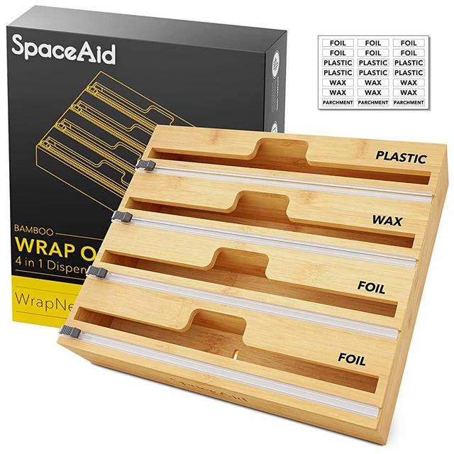 SpaceAid WrapNeat 4 in 1 Wrap Dispenser with Cutter and Labels, Plastic Wrap, Aluminum Foil and Wax Paper Dispenser for Kitchen Drawer, Bamboo Roll Organizer Holder, Compatible with 12" Roll