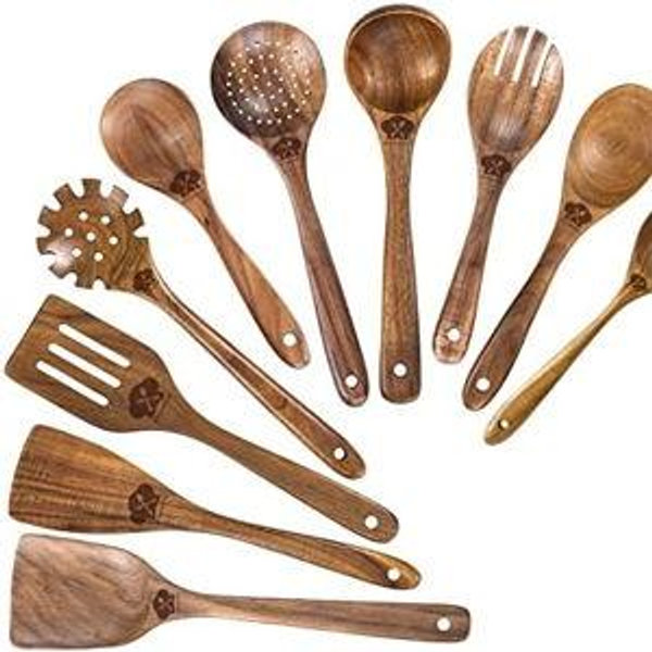 Wooden Spoons for Cooking, 10 Pcs Wooden Cooking Utensils Set – Wooden Utensil Set for Nonstick Pans & Cookware – Teak Wood - Sturdy, Lightweight & Heat Resistant