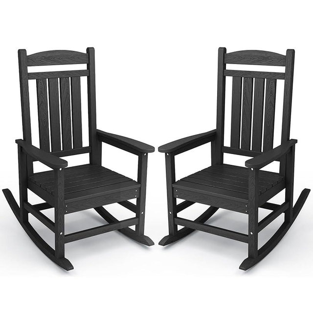 KINGYES Weather Resistant Outdoor Rocking Chair Set of 2, High Density Polyethylene Patio Rocking Chairs with 330lbs Support for Adults, Black