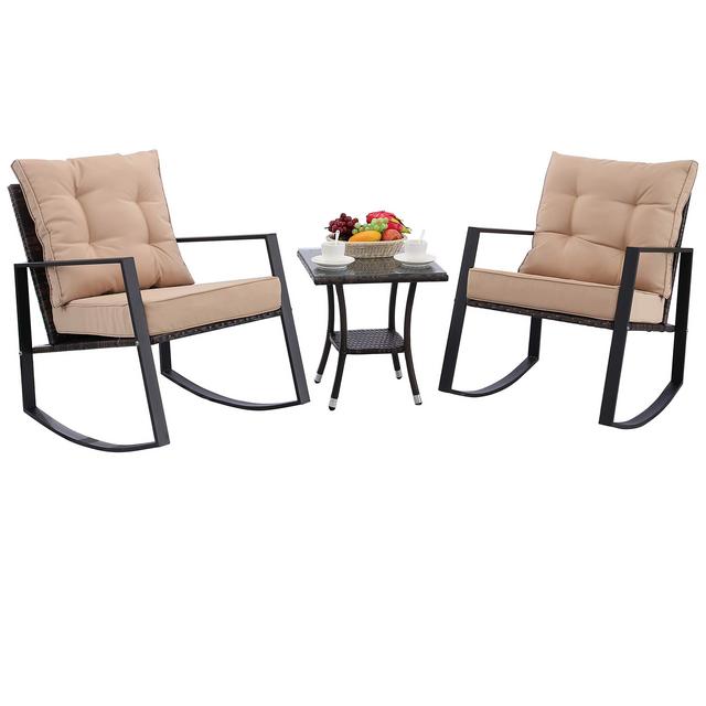 Do4U Outdoor Rocking Chair Set 3-Piece Patio Bistro Set- Cushioned Brown PE Wicker Rattan Chairs with Coffee Table | Porch, Backyard, Pool Garden (982-MIX-BRN)