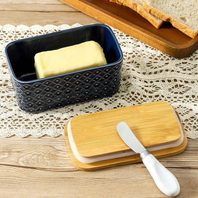 Ceramic Butter Dish with Lid,Large Butter Container with Airtight Cover for Countertop or refrigerator,Farmhouse Butter Holder for Kitchen Gifts,Dishwasher Safe,Navy Blue Embossed Pattern