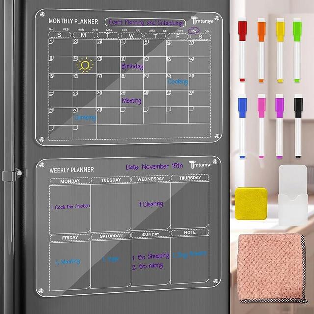 Acrylic Magnetic Calendar for Fridge, 2 Pcs Clear Acrylic Magnetic Dry Erase Planning Board of Monthly & Weekly Calendar for Refrigerator with 8 Colored Markers/Magnetic Holder/EVA Eraser/Towel