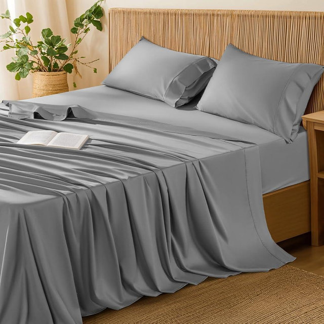LBRO2M 100% Cotton Sheets Set King Size, 600 Thread Count, 4 Piece Sets Bed Sheet Deep Pocket Sheet Set 16" Soft Comfortable All Season (King, Gray)