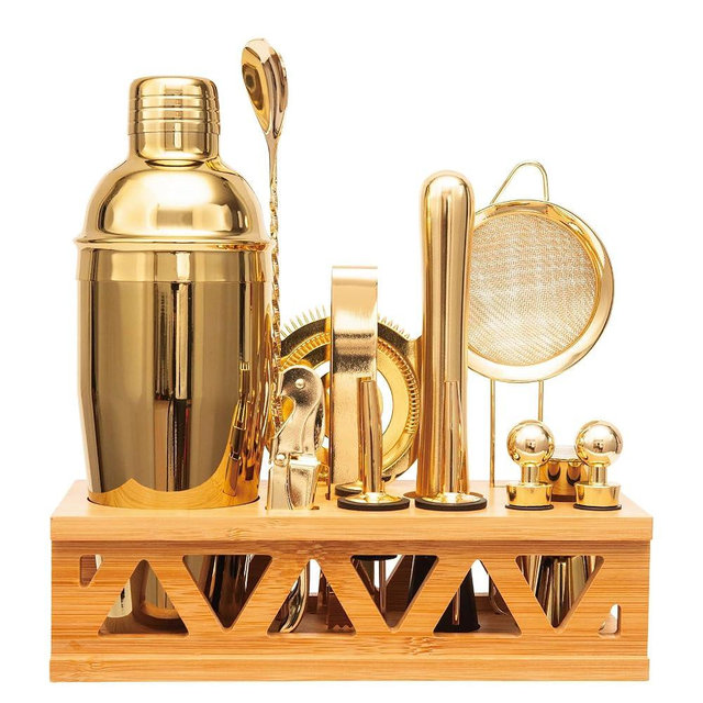 JWJIUEJIU Cocktail Shaker Set Bartender Kit with Bamboo Stand,13 Piece Bar Set Stainless Steel Bar Tools Set for Professional Bartender and Home (Gold)