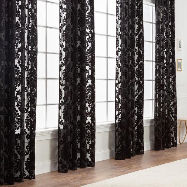 Chanasya 2pk Devore Damask Sheer Grommet Window Curtain Panels - Set of 2 - 52 x 63 Inches Long - Black
