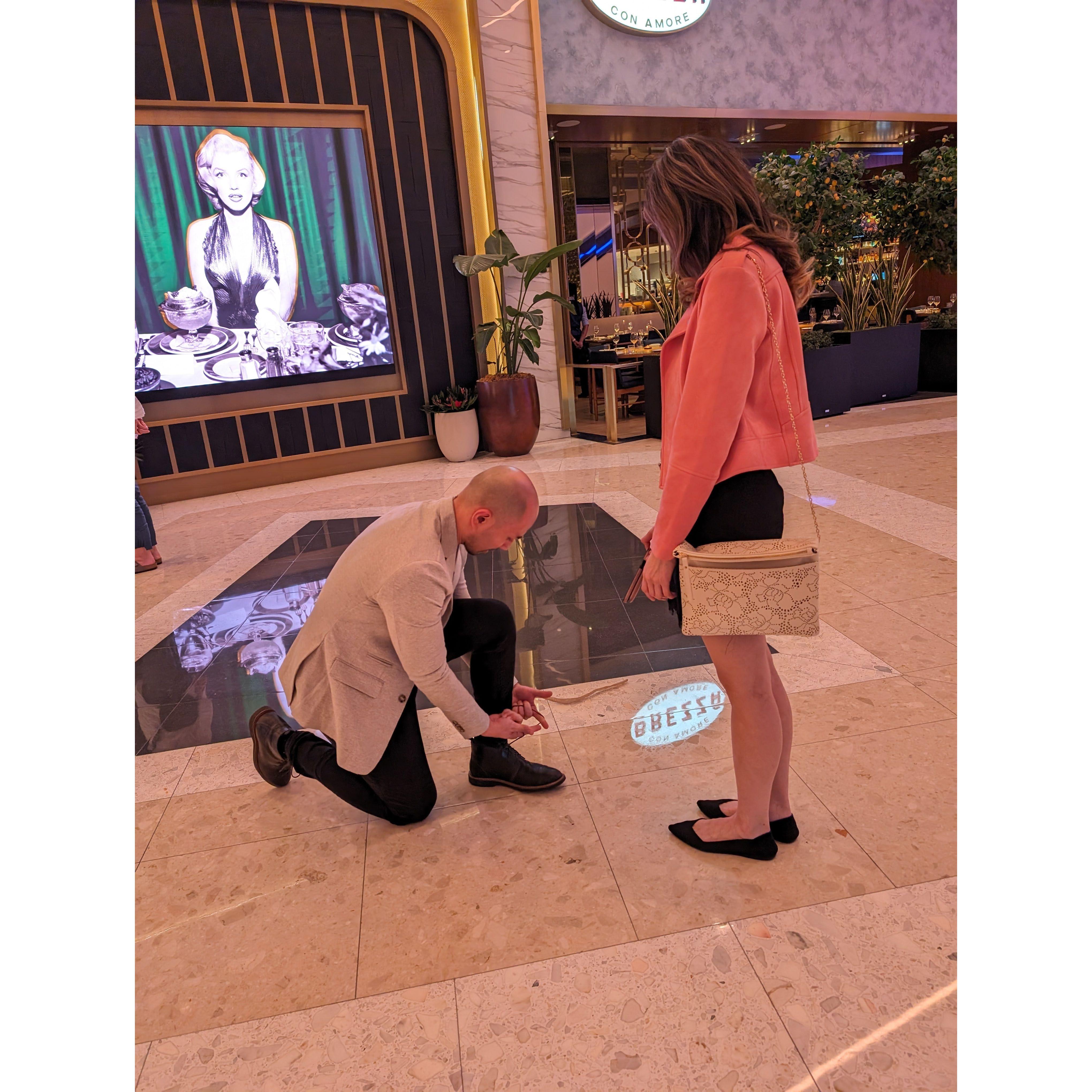 This is the moment where Kat's mom thought I was going to propose prior to dinner but I just needed to tie my shoes.