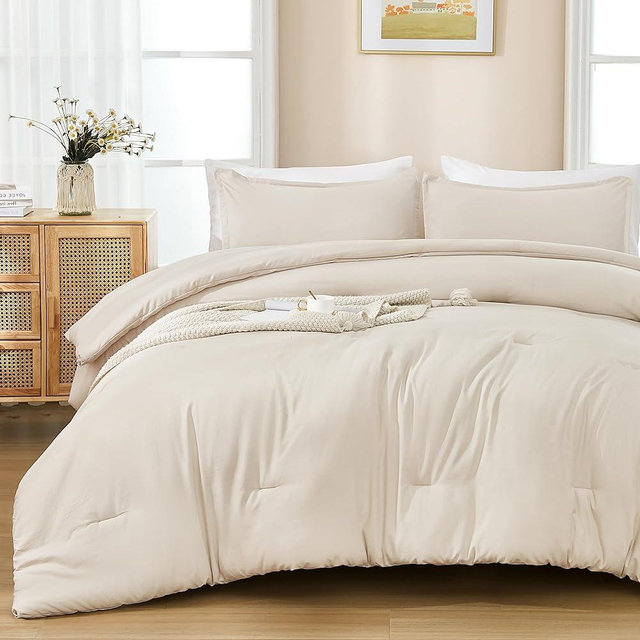 Andency Beige California King Comforter Set - 7 Pieces Cream Cal King Comforter Bedding Comforter Sets Reversible, Soft Cali King Comforter with Fitted Sheets, Flat Sheets, Pillowcases & Shams