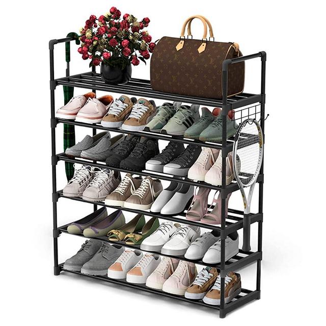 Hsscblet 6 Tiers Metal Shoe Rack,Adjustable Shoe Shelf Storage Organizer with Versatile Hooks,Stackable Boot & Shoe Storage ,for Entryway,Hallway,Living Room,Closet,Black