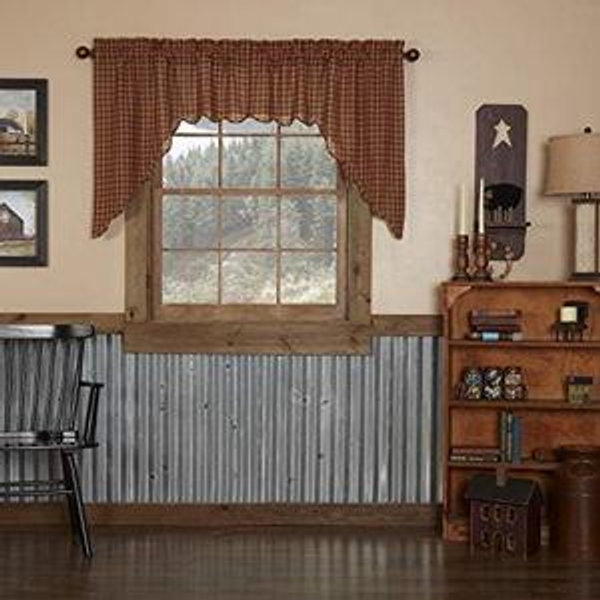 VHC Brands Burgundy Check Primitive 36"x36"x16" Swag Pair Red Rod Pocket Cotton Kitchen Window Curtains