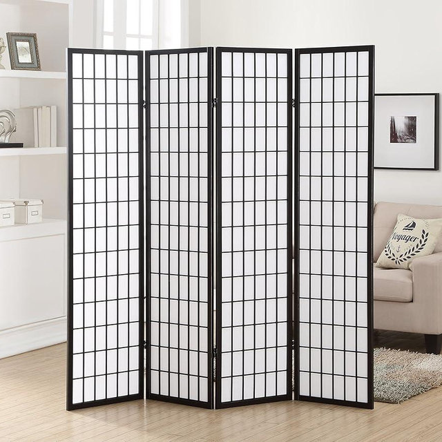 Roundhill Furniture Oriental Shoji 4 Panel Screen Room Divider, Black