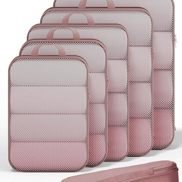 Veken 6/9/11 Set Compression Packing Cubes for Travel Essentials,Compressible Expandable Large Luggage Suitcase Organizer Bags for Clothing,Durable Space Saver Storage Bags(Light Coral)