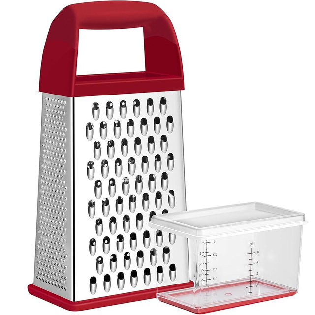 Urbanstrive Cheese Grater With Container, Professional Cheese Grater with Handle, Stainless Steel Graters for Kitchen Handheld, Box Grater with 4 Sides for Vegetables, Ginger, Potatoes (Red)