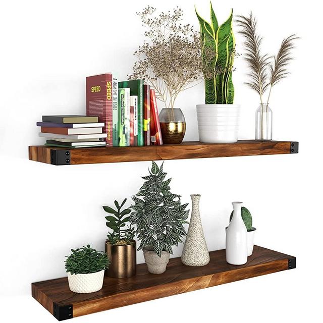 Nestria Floating Shelves for Wall Mounted | Modern All Wood Rustic Farmhouse Shelves for Living Room, Bathroom, Kitchen, and Bedroom | Walnut (24" Set of 2)