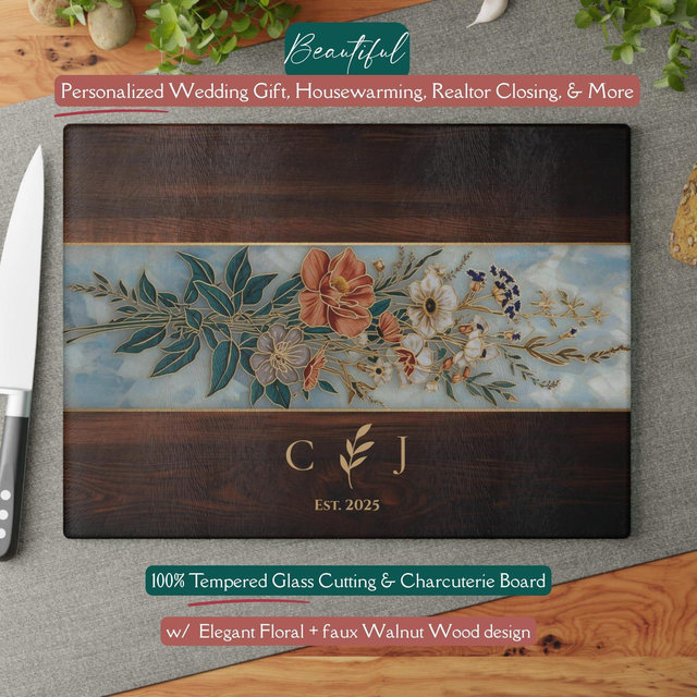 Personalized Floral *Glass* Cutting Board, Botanical Monogram Kitchen Charcuterie, Anniversary or Wedding Gift for Couple Housewarming Board