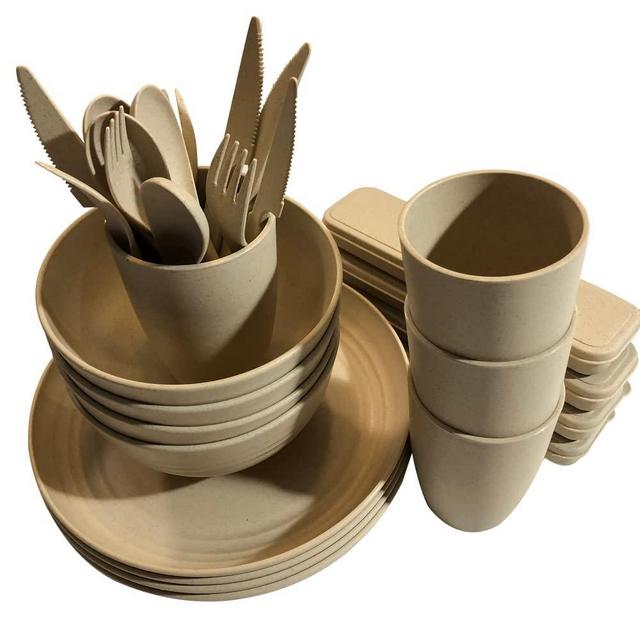 Wheat Straw Dinnerware Sets (28pcs) 4 Sets Eco Friendly & Reusable Plates Cups Bowls & Cutlery w/ Storage Container Lightweight Unbreakable Microwave & Dishwasher Safe Great for Camping Party & Picnic