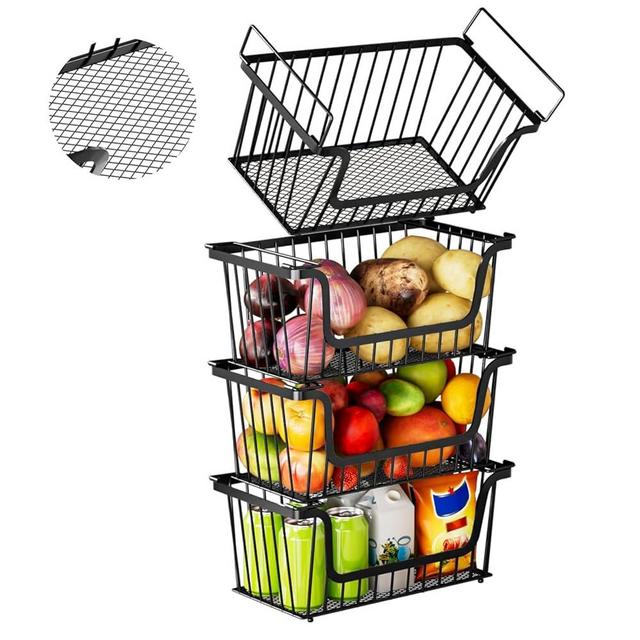 4PCS-U-Shaped Stackable Wire Baskets, Pantry Organizers and Storage,Shelf Baskets, Fruit Basket, Potato and Onion Storage Bins，Bottom Leak-Proof Mesh Design(Black)