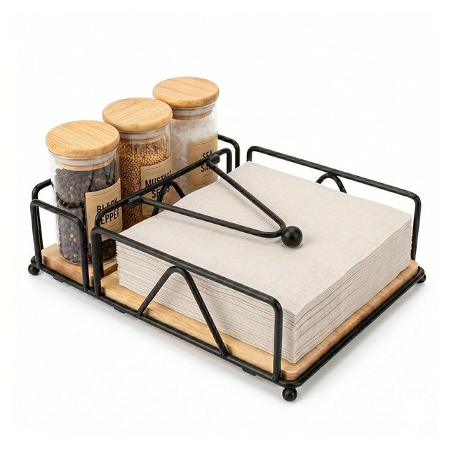 Napkin Holder for Table, Metal and Wood Napkin Holder, Standing Napkin Holders for Paper Napkins, for Kitchen Counter, Dining Table Decor, Outdoor, Party