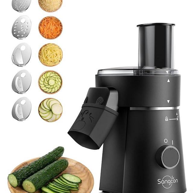 Sangcon Electric Cheese Grater for Block Cheese, 5-in-1 Automatic Salad Shooter & Vegetable Slicer with 5 Stainless Steel Blades, One-Touch Electric Grater for Cheese, Vegetables, Fruits & Nuts