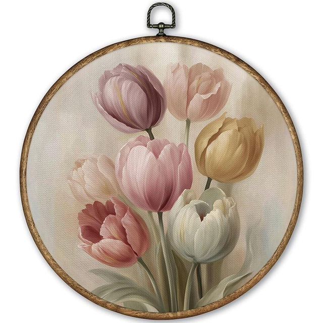 TLESKE Vintage Tulip Floral Round Wall Art Decor Framed 10x10, Cottagecore Flower Canvas Wall Art Prints Artwork, Farmhouse Botanical Hanging Wall Picture Room Door Decor for Home Bedroom Living Room