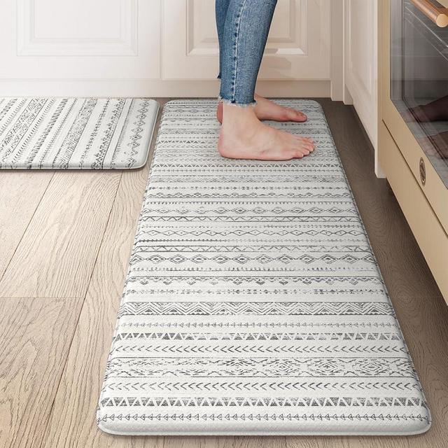 Ailsan Anti Fatigue Mats for Kitchen Floor,Coshioned Kitchen Mats for Floor 2 Piece,Boho Kitchen Mat Rug Waterproof,Moroccan Kitchen Sink Floor Mat for Kitchen Office Laundry, Light Grey