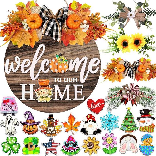 Interchangeable Welcome Sign for Front Door with 4 Seasonal Wreaths and 21 Changeable Icons, Farmhouse Rustic Outdoor Welcome Signs Porch, Holiday Spring Summer Winter Fall Decorations for Home Gifts