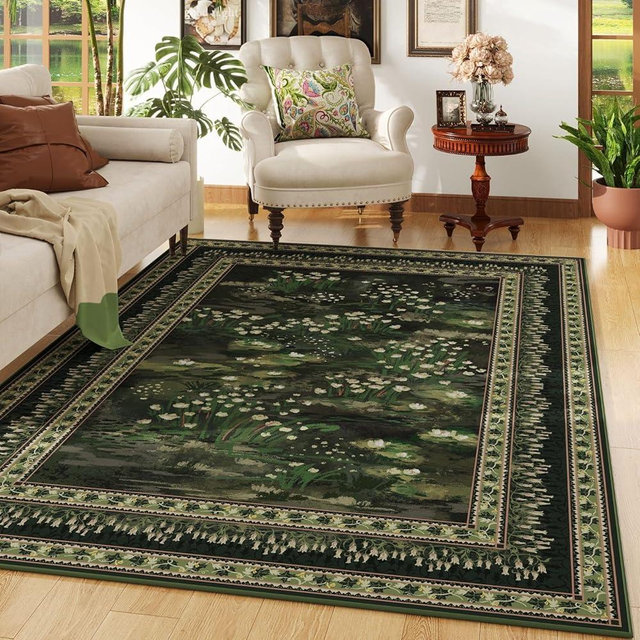 Rugcomf Area Rugs 9x12 Living Room Clearance Impressionist-Style Vintage Washable Rug Non Slip Low Pile Large Rug for Bedroom Farmhouse Dining Room Kids Playroom, Green