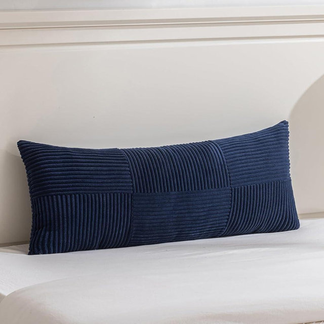 Fancy Homi Set of 1 Navy Blue Boho Long Lumbar Body Decorative Throw Pillow Cover 21x54 Inch for Bed Couch Bedroom Bench, Soft Patchwork Corduroy Textured Pillow Case, Rustic Farmhouse Room Decor