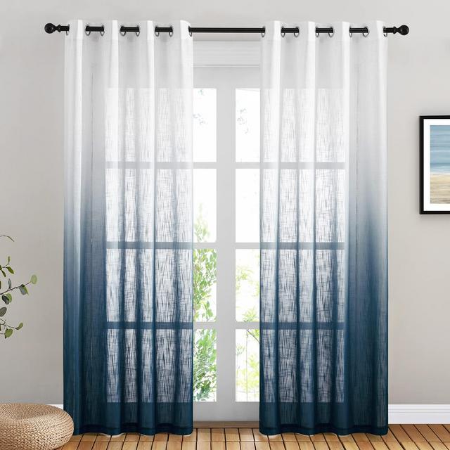NICETOWN Linen Sheer Navy Curtains 84 inches Long for Kids Room, Grommet Ombre Sheer Linen Curtains Floor-Length Drape Privacy for Living Room/Sliding Door, 50" Wide Per Panel, Set of 2
