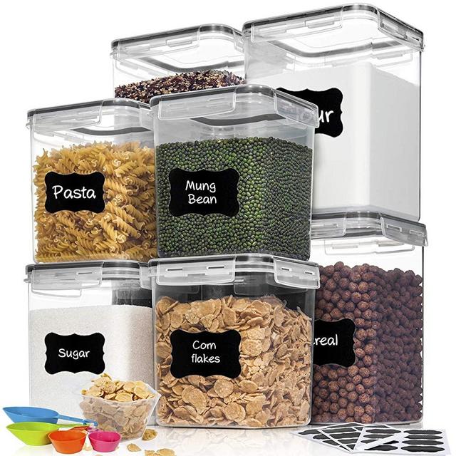 HOOJO Flour Sugar Containers Set, 8 Piece Airtight Food Storage Containers with Lids for Cereal and Dry Food, Large Plastic Storage Containers for Kitchen Pantry Organization, BPA Free -Black