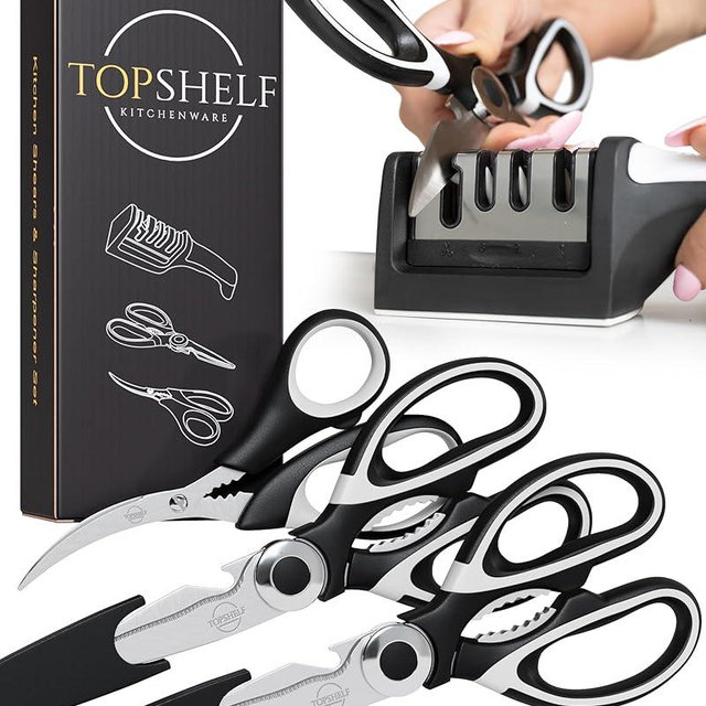 Heavy Duty Kitchen Shears With Sharpener - Lifetime Replacement Warranty* - Multipurpose Stainless Steel Scissors for Food - Sharp Food-Grade Kitchen Scissor for Meat, Seafood, Poultry - 4 Piece Set