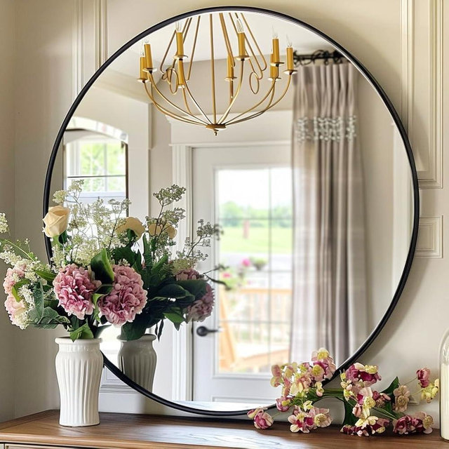 Winnker Round Mirror 24 inch, Black Circle Mirror, Black Round Bathroom Mirrors, Circle Wall Mirrors for Bathroom, Living Room, Hallway, Vanity, Over Sink, Mantel