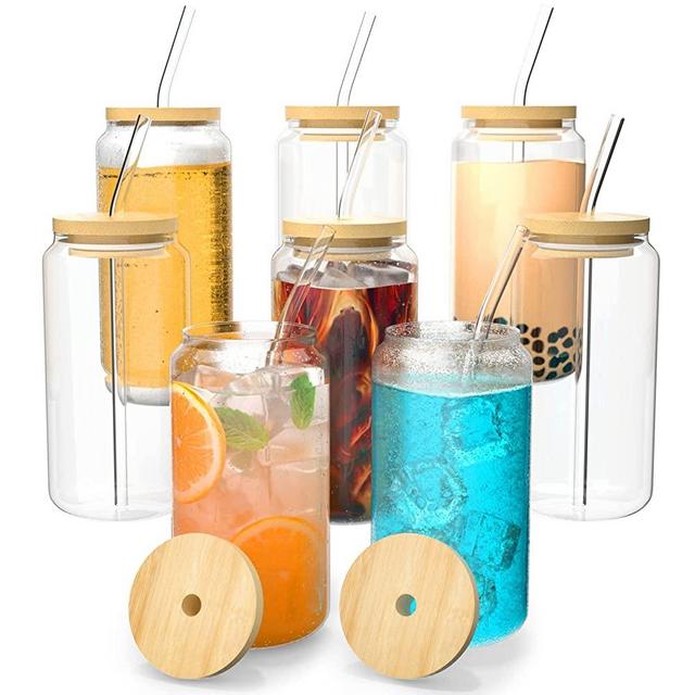 Finew 8pcs Glass Cups with Bamboo Lids and Glass Straws, 16oz Drinking Glasses Can Shaped Glass Cups, Beer Glasses, Glass Coffee Cups, Cute Tumbler Cup, Ideal for Whiskey, Wine, Cocktail, Gift