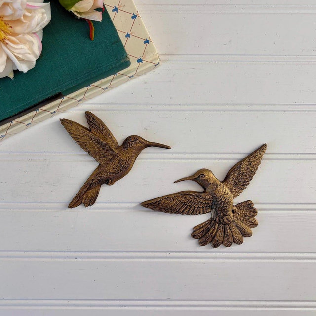 Vintage Style Gold Hummingbird Sculpture Wall Decor Set of Flying Birds Wall Hangings Hummingbird MCM Decor Gold Set of Birds for Gallery Wa