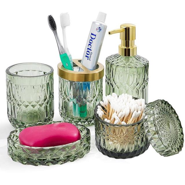 FoverOne 5PCS Glass Bathroom Accessory Sets, Crystal Clear Diamond Design, Vanity Accessories Set with Toothbrush & Toothpaste Holder, Tumbler, Soap Dispenser, Soap Dish, and Cotton Swabs Jar - Green