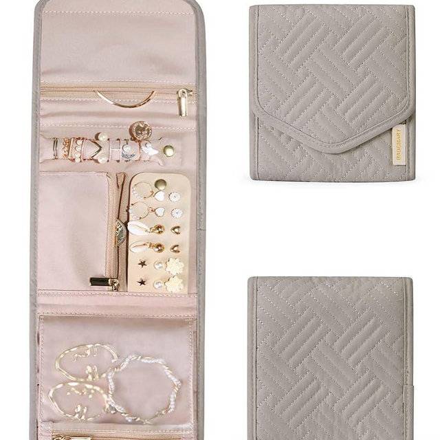BAGSMART Travel Jewelry Organizer Case Foldable Jewelry Roll for Journey Rings, Necklaces, Earrings, Bracelets,Mini,Warm Gray