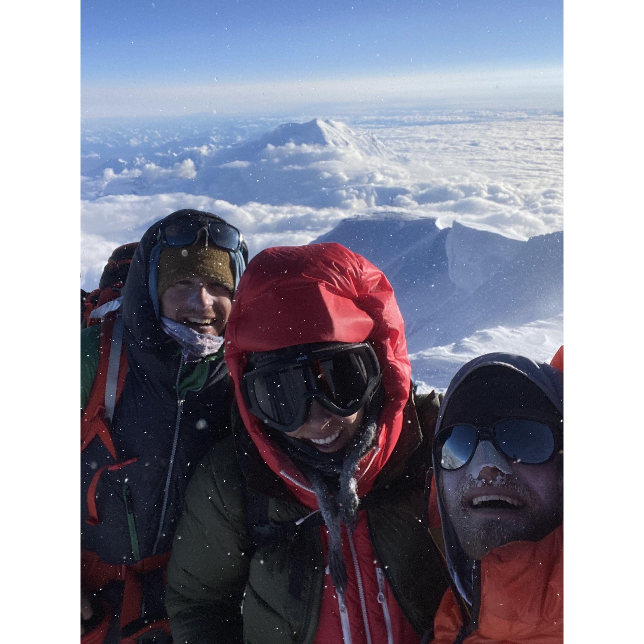 Sam, Bex, and Flip Summiting Denali, the highest mountain in North America. One of the craziest moments of our life!
