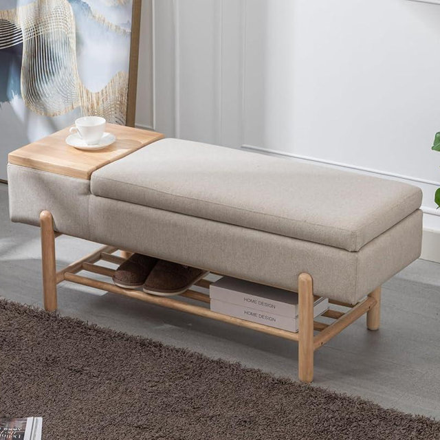EALSON Modern Storage Bench for Bedroom End of Bed Upholstered Ottoman Bench with Storage and Wood Shoe Rack Farmhouse Long Seating Bench for Entryway/Hallway/Foyer, Linen Beige