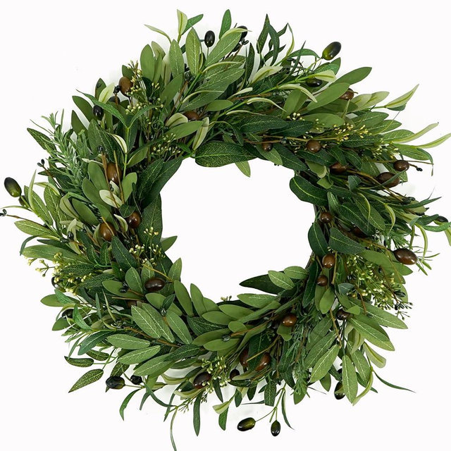 AMF0RESJ Artificial Green Olive Wreath for Front Door Greenery Wreath with Olive Leaves, Bean for Spring Summer Fall All Season Indoor Outdoor Farmhouse Home Wall Window Festival Wedding Decor