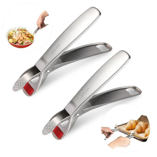 2PCS Hot Plate Gripper, Non-Slip, Heat Resistant, Anti-Scald, 360° Adjustable, Durable Stainless Steel Hot Plate Gripper Tongs for Microwave Oven Pizza Pan Steamer Kitchen