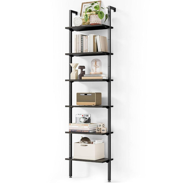 ODK Ladder Shelf, 6 Tier Black Bookshelf, 86 Inch Wall Mounted Book Shelf with Metal Frame, Ladder Bookshelf Bookcase for Bedroom, Home Office and Living Room