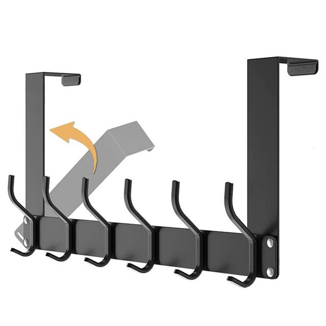 Qunland Over The Door Hook Folding Without Assembly, Towel Organizer Rack for Bathroom, Heavy-Duty Door Rack with Hanger for Hanging Coat, Colthes, Shower Towel, Purse, Key, Jacket, Metal - Black
