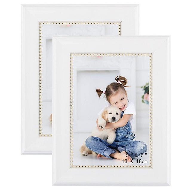 GraduationMall 5x7 Picture Frames, Real Glass, Display Photos for Wall or Tabletop, White with Gold Beads, 3-Pack