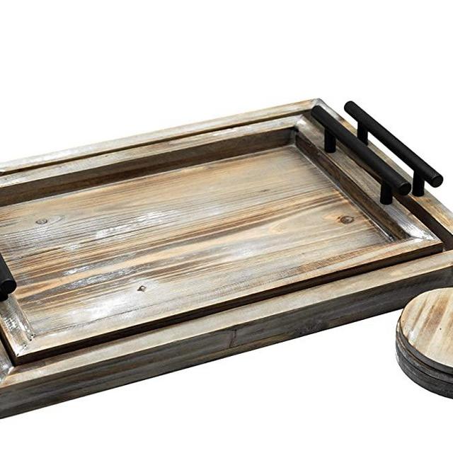 Decorative Ottoman Serving Tray Wooden Rustic (Set of 2) | Black Sleek Metal Handles | 4 Matching Coasters | Coffee Table Decor | Serving Kitchen Platter | Summit Living | for All Occasions