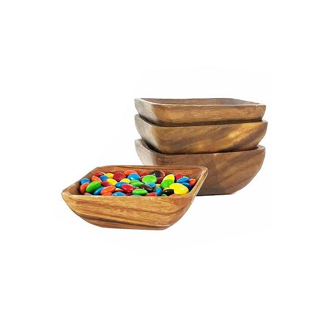 Woodard & Charles Acacia Wood 4" Individual Square Serving Bowl for Appetizers, Nuts, Candy, Rice, Fruit, Olives, Condiments, Hummus and More, Set of 4