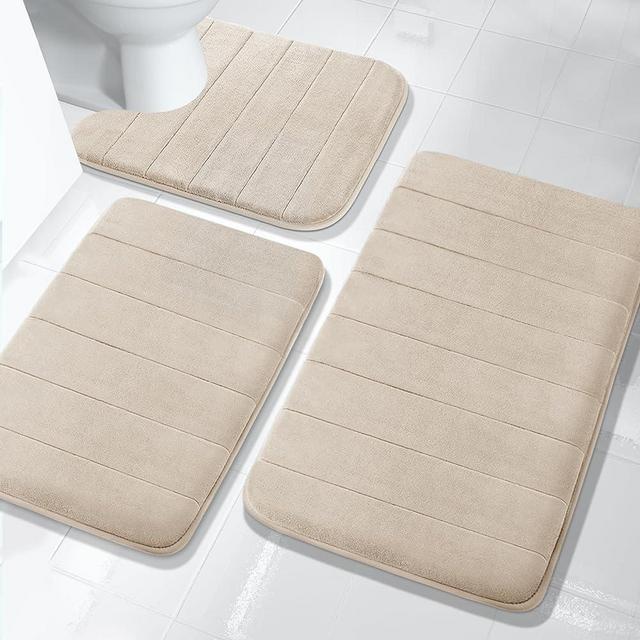 Yimobra 3 Pieces Memory Foam Bath Mat Sets, 31.5 x 19.8 + 17x24 and U-Shaped for Bathroom Rugs, Toilet Mats, Non-Slip, Soft Comfortable, Water Absorption, Machine Washable, Beige